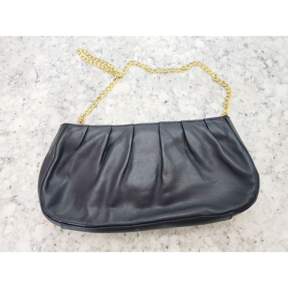 Etienne Aigner Vintage Purse Chain Envelope‎ Bag Leather Clutch Black Gold Tone